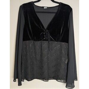 Vintage Babydoll Velvet Lace Up Sheer Floral Embroidered Top Sz M/L Whimsigoth